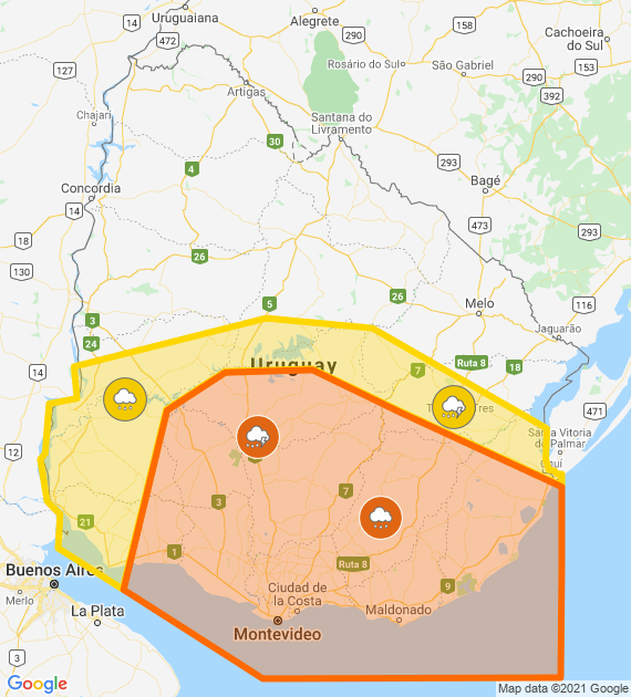 Inumet actualizó y amplió la advertencia por tormentas; Montevideo bajo alerta&nbsp;naranja